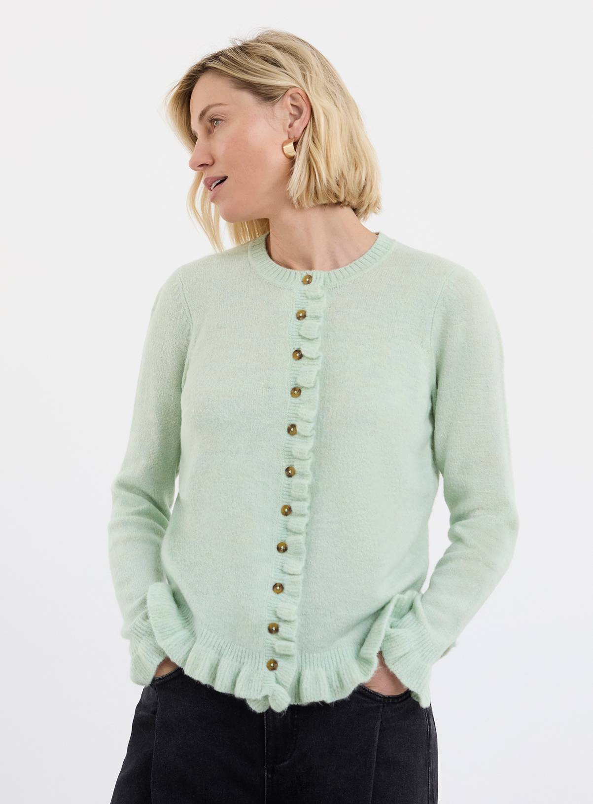 JD WILLIAMS Frill Knit Cardigan Light Green 32-34 - Image 1